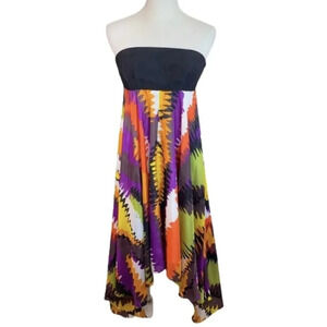 Trina Turk 8 Asymmetrical Handkerchief Hem Silk Strapless Dress Retro Bold Print